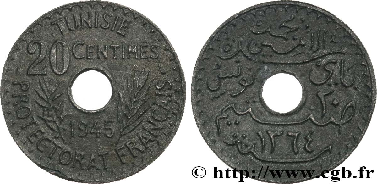 TUNISIA - French protectorate 20 Centimes ah 1264 1945 Paris XF 