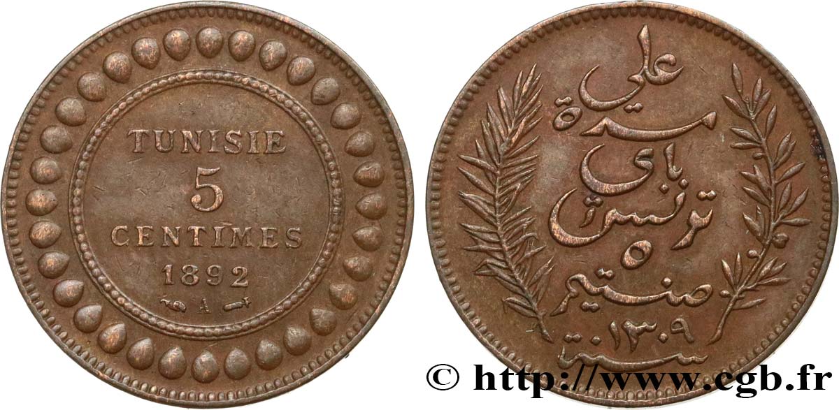 TUNISIA - French protectorate 5 Centimes AH1309 1892 Paris AU 