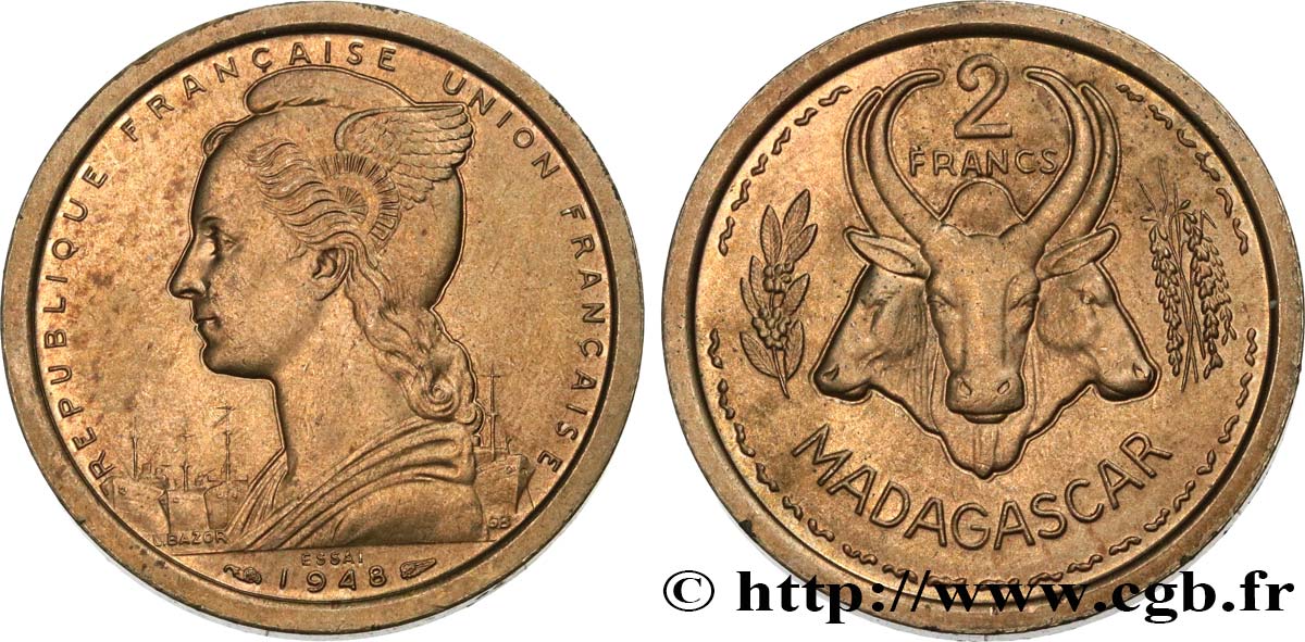 MADAGASCAR French Union Essai de 2 Francs 1948 Paris MS 