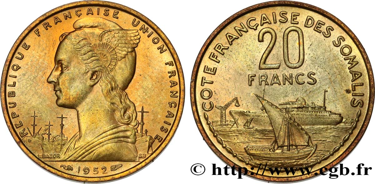 FRANZÖSISCHE SOMALILAND 20 Francs 1952 Paris fST 