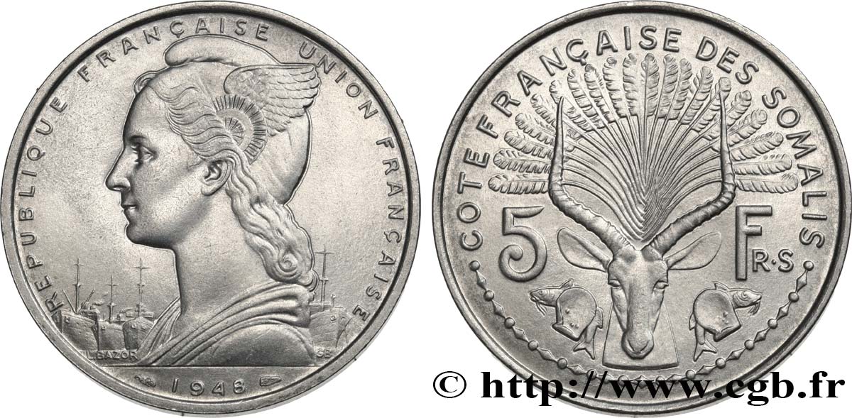 FRANZÖSISCHE SOMALILAND 5 Francs 1948 Paris fST 