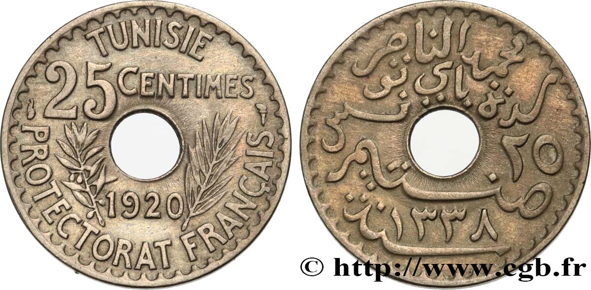 TUNISIA - French protectorate 25 Centimes AH1338 1920 Paris XF 