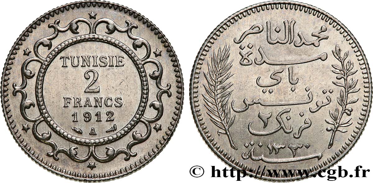 TUNISIE - PROTECTORAT FRANÇAIS 2 Francs au nom du Bey Mohamed En-Naceur  an 1330 1912 Paris - A SUP 