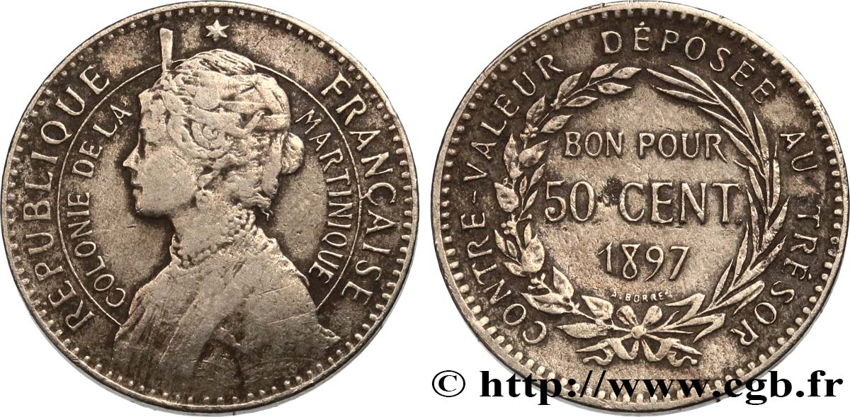 ÎLE DE LA MARTINIQUE Bon pour 50 Centimes Colonie de la Martinique 1897 sans atelier TB 