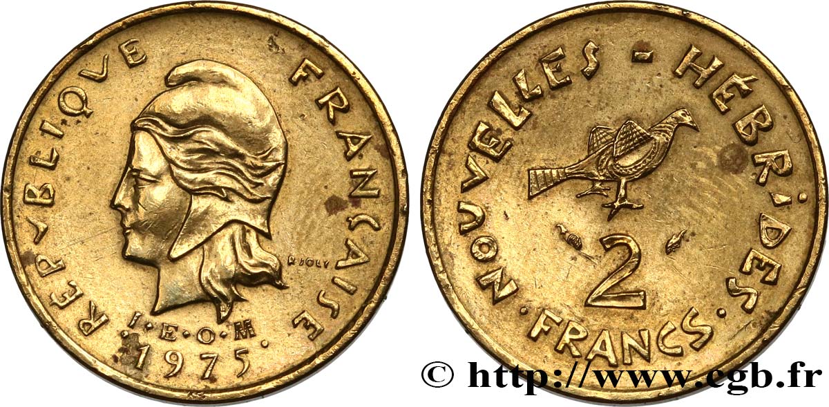 NUOVO EBRIDI (VANUATU dopo1980) 2 Francs I. E. O. M. Marianne / oiseau 1975 Paris SPL 