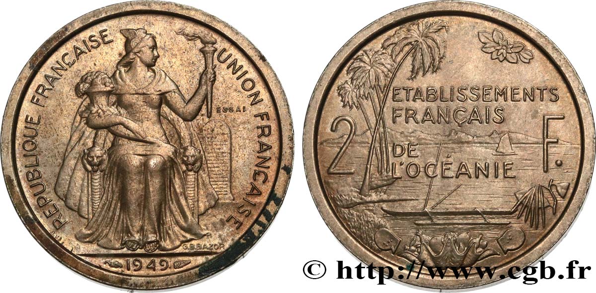 FRENCH POLYNESIA - French Oceania Essai de 2 Francs Établissements français de l’Océanie 1949 Paris AU 