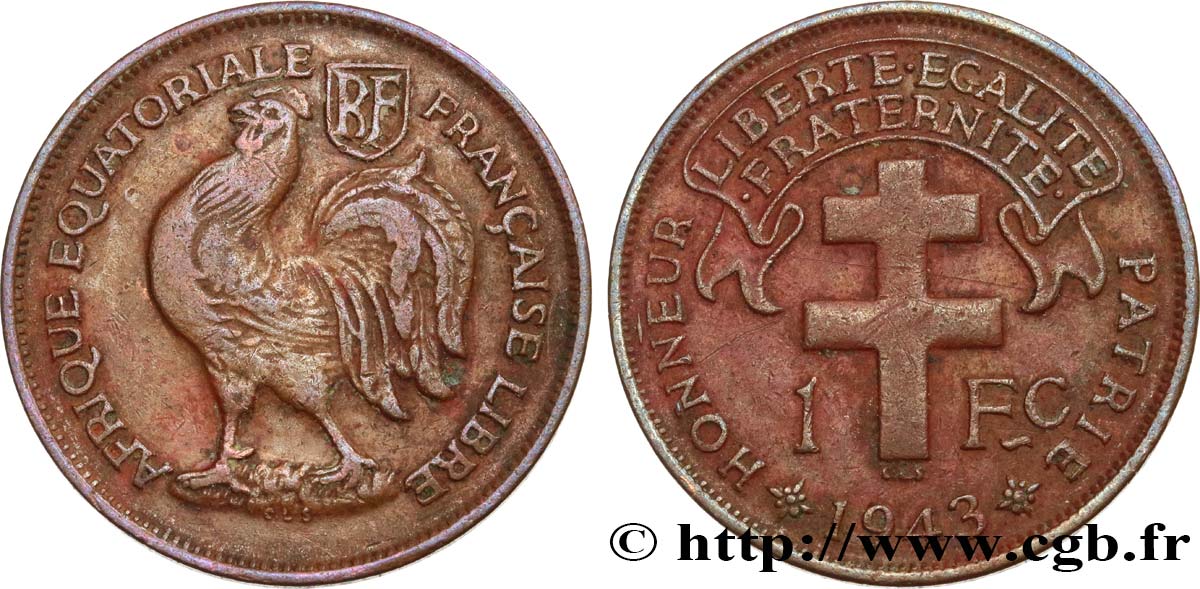 AFRIQUE ÉQUATORIALE FRANÇAISE - FRANCE LIBRE 1 Franc 1943 Prétoria TTB 