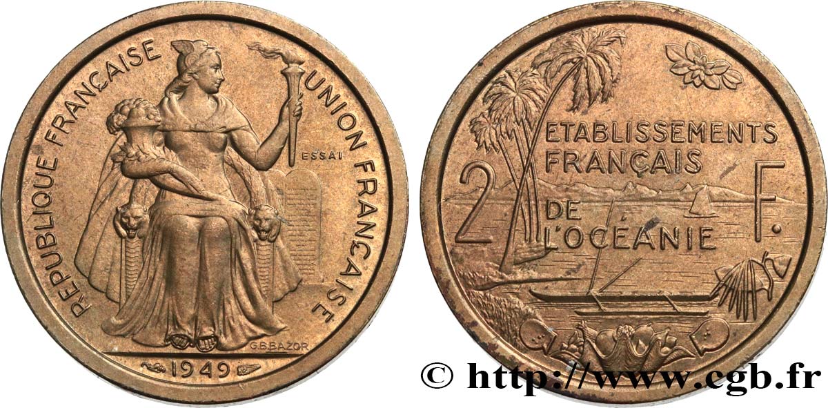 FRENCH POLYNESIA - French Oceania Essai de 2 Francs Établissements français de l’Océanie 1949 Paris MS 