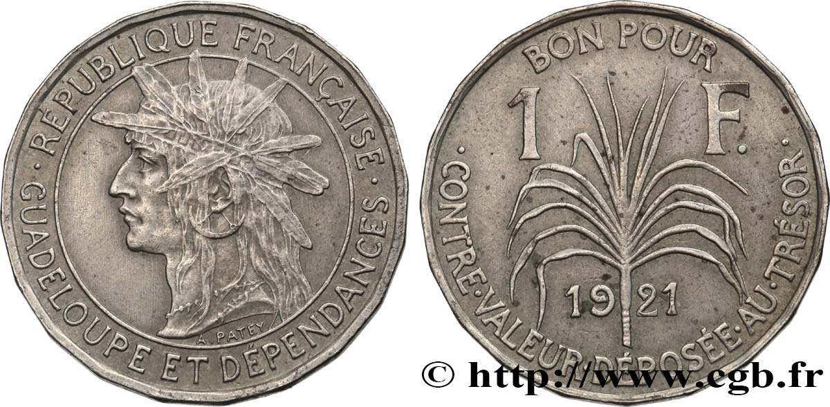 GUADELOUPE Bon pour 1 Franc indien caraïbe / canne à sucre 1921  fVZ 