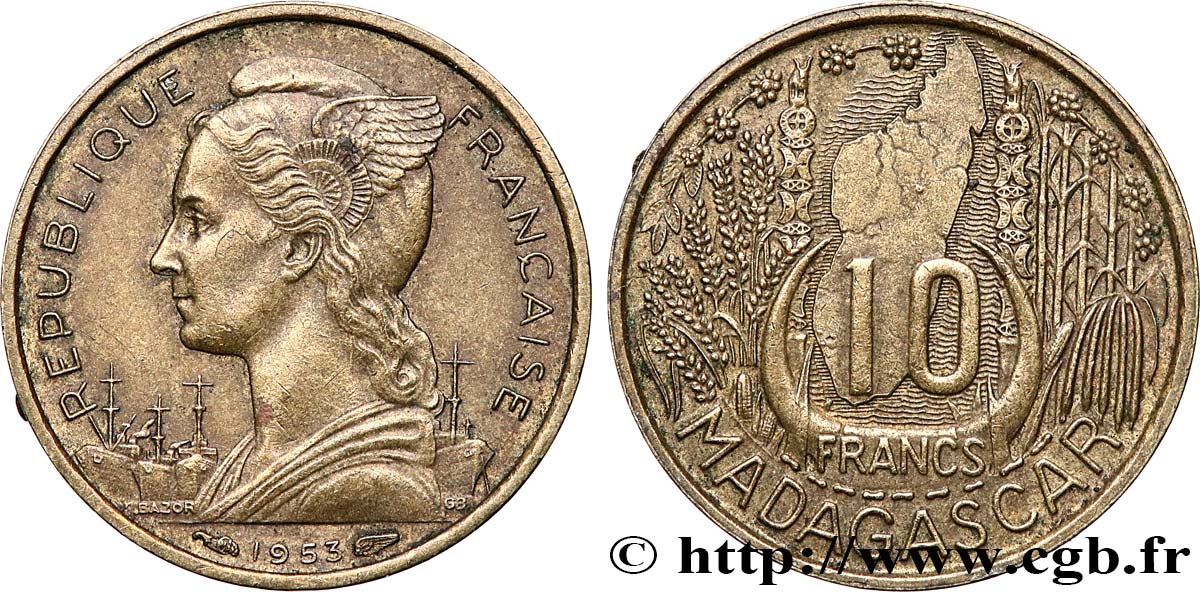 MADAGASCAR - Union française 10 Francs 1953 Paris TTB+ 