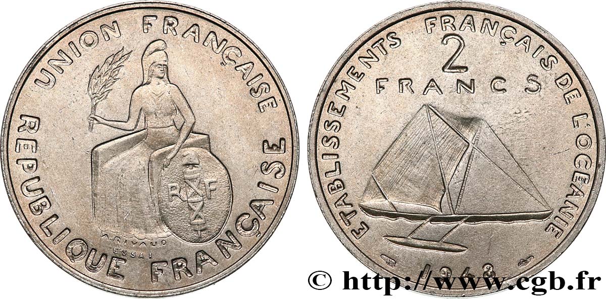 POLINESIA FRANCESE - Oceania Francese Essai de 2 Francs avec listel en relief 1948 Paris MS 