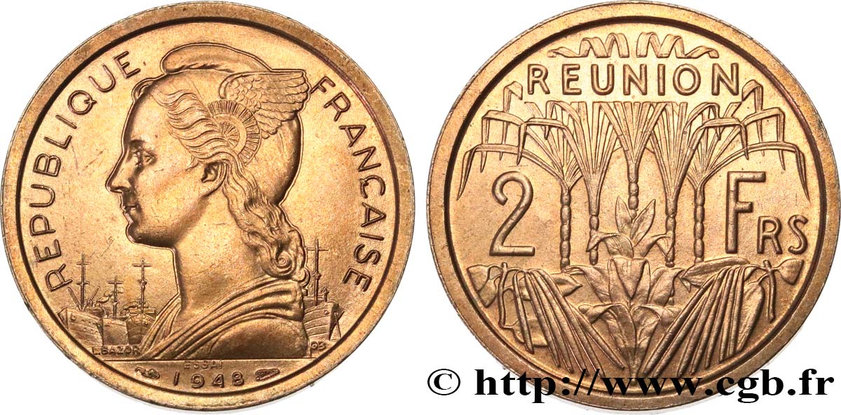 ÎLE DE LA RÉUNION 2 Francs Essai buste de la République 1948 Paris SPL 