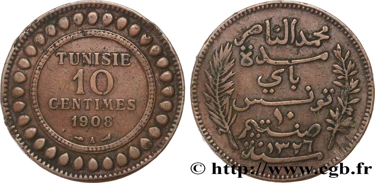 TUNISIA - Protettorato Francese 10 Centimes AH1326 1908 Paris BB 