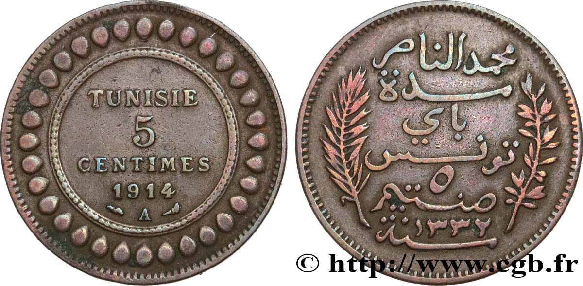 TUNISIA - French protectorate 5 Centimes AH1332 1914 Paris VF 