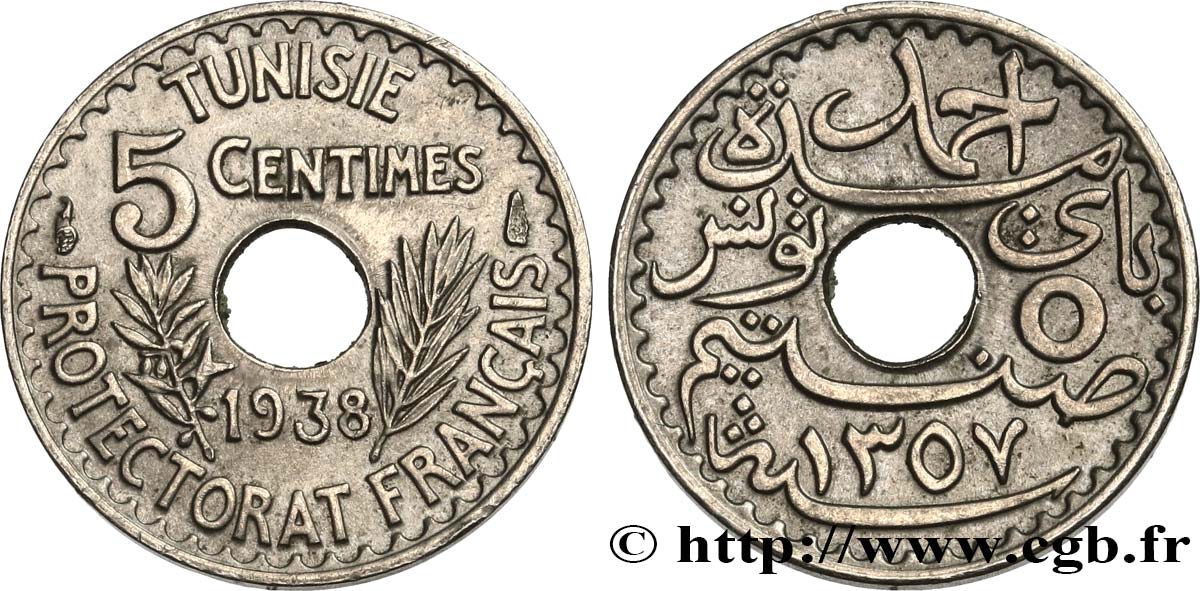 TUNESIEN - Französische Protektorate  5 Centimes AH 1357 1938 Paris VZ 