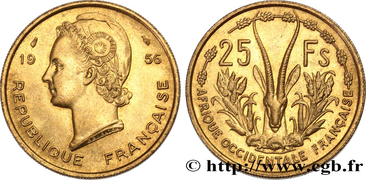 FRANZÖSISCHE WESTAFRIKA 25 Francs 1956 Paris fST 