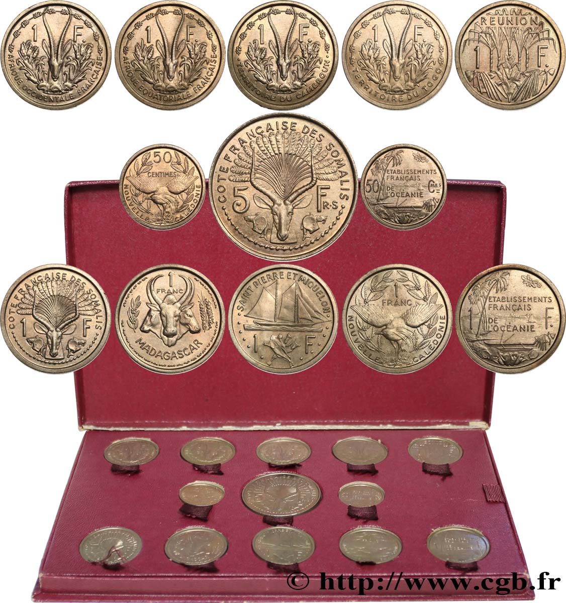 FRENCH UNION - FOURTH REPUBLIC Coffret de 23 essais Union Française pour les colonies en bronze-nickel 1948-1949 Paris MS 