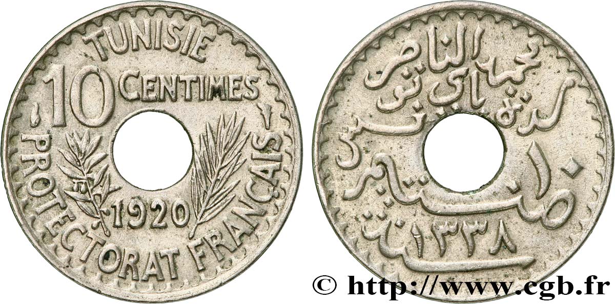 TUNISIA - French protectorate 10 Centimes AH1338 1920 Paris XF 