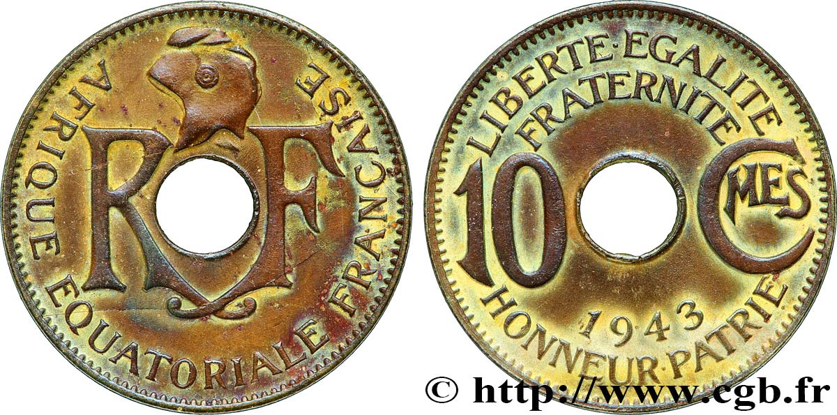 FRENCH EQUATORIAL AFRICA - FREE FRENCH FORCES 10 Centimes 1943 Prétoria VF 