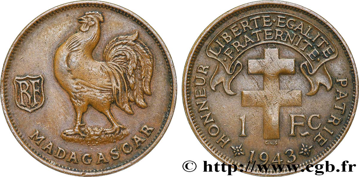 MADAGASCAR - Fuerzas Francesas Libres 1 Franc 1943 Prétoria MBC 