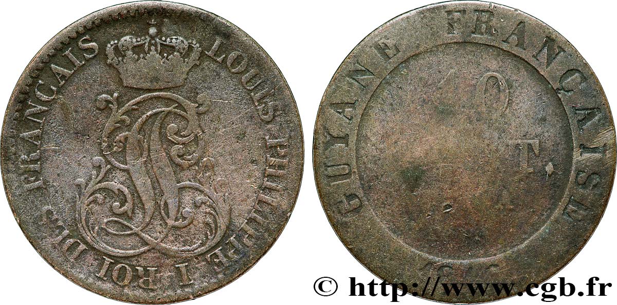 FRENCH GUYANA 10 Cent. (imes) monogramme de Louis-Philippe 1846 Paris VF 