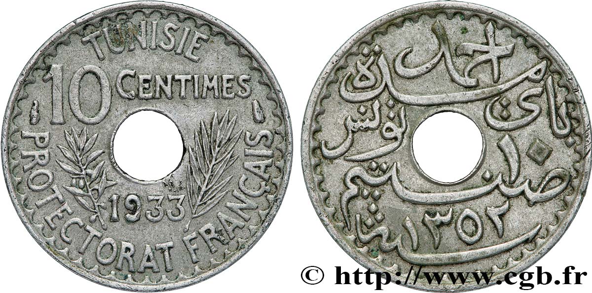 TUNISIA - Protettorato Francese 10 Centimes AH 1352 1933 Paris BB 