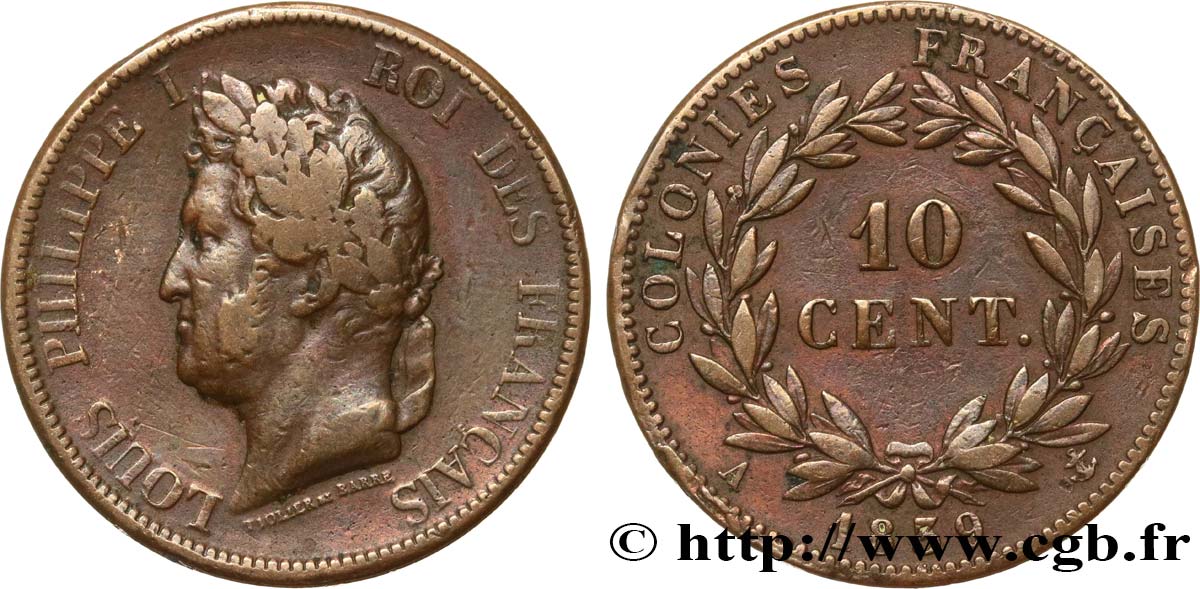 FRENCH COLONIES - Louis-Philippe for Guadeloupe 10 Centimes Louis-Philippe 1839 Paris VF 