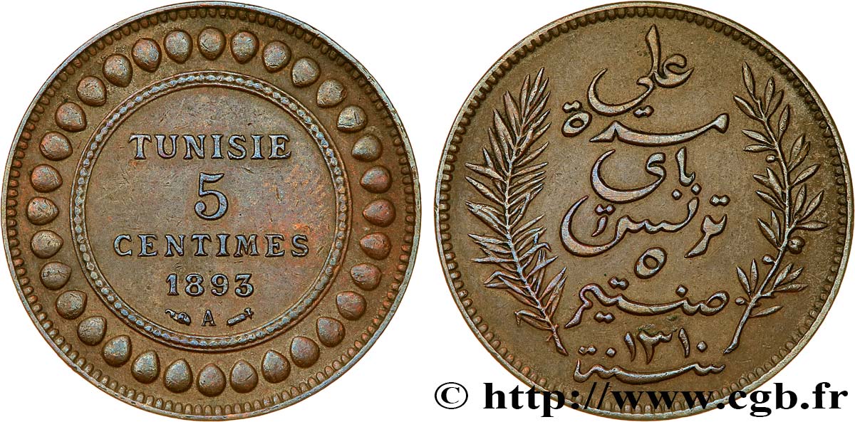 TUNISIA - Protettorato Francese 5 Centimes AH1310 1893 Paris BB 