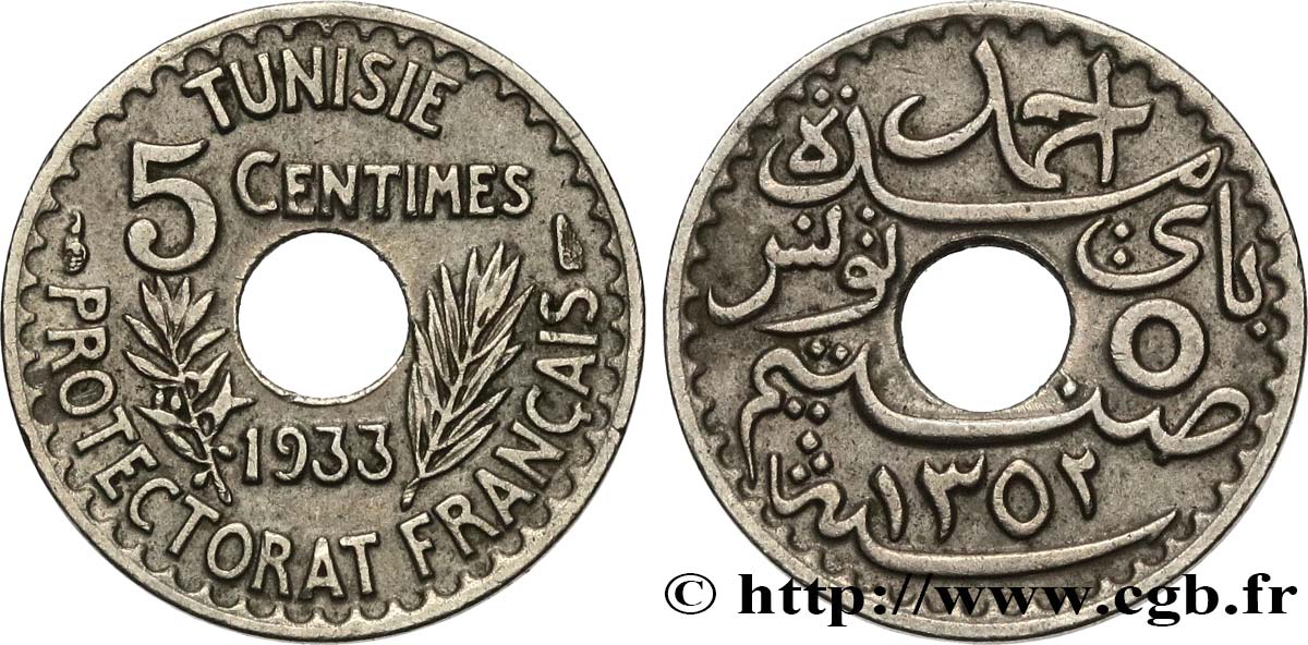 TUNISIA - French protectorate 5 Centimes 1933 Paris XF 