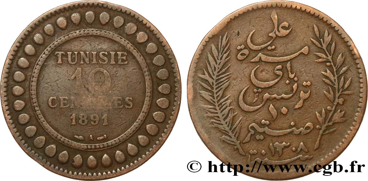 TUNISIE - PROTECTORAT FRANÇAIS 10 Centimes AH1308 1891 Paris TB 