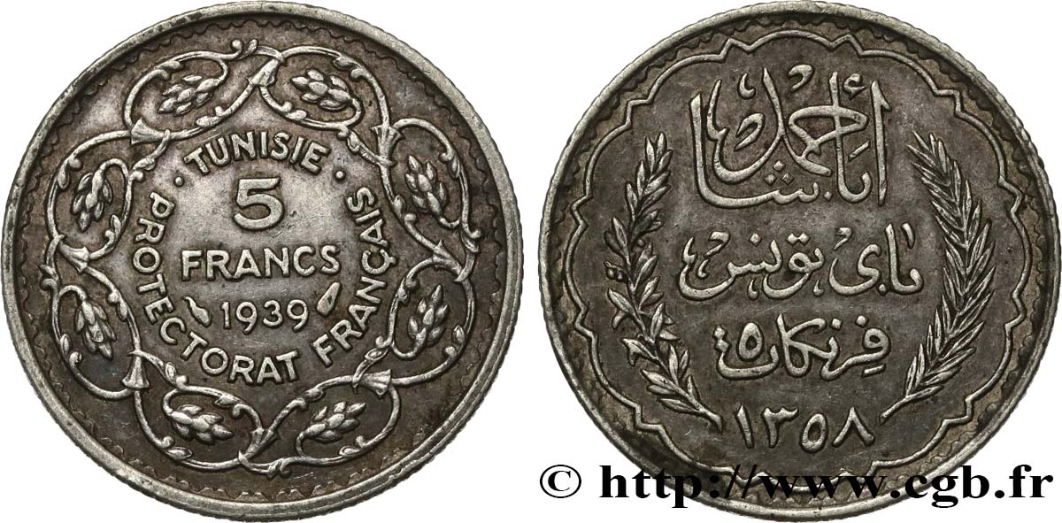 TUNISIA - French protectorate 5 Francs AH 1358 1939 Paris AU 