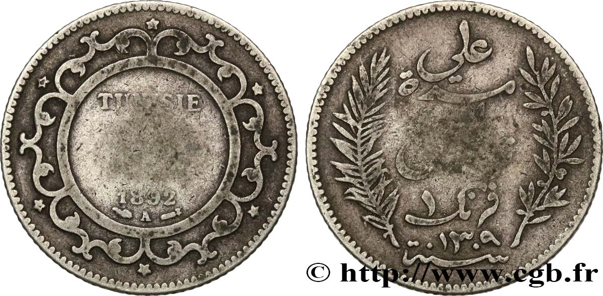 TUNEZ - Protectorado Frances 1 Franc AH1309 1892 Paris BC 