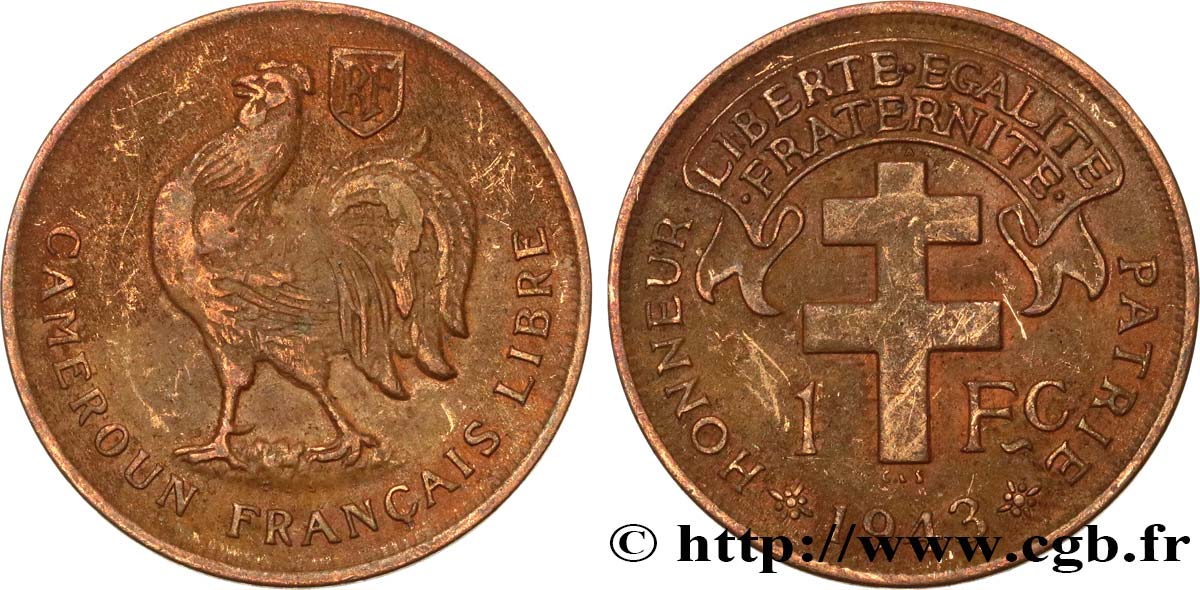 KAMERUN - FRANZÖSISCHE MANDAT 1 Franc ‘Cameroun Français Libre’ 1943 Prétoria fSS 