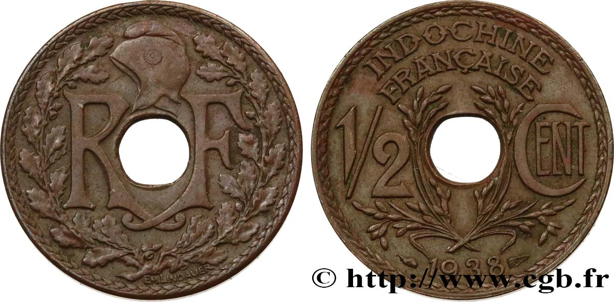 FRENCH INDOCHINA 1/2 Centième 1938 Paris XF 