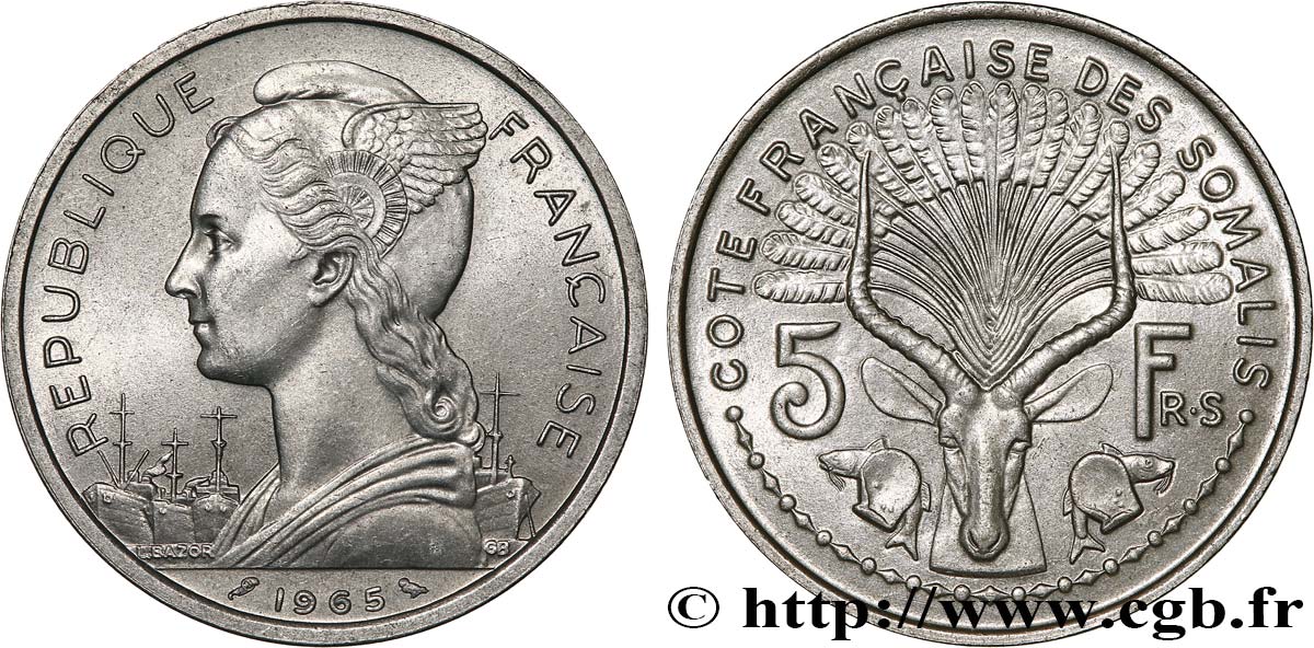 SOMALIA FRANCESE 5 Francs 1965 Paris MS 