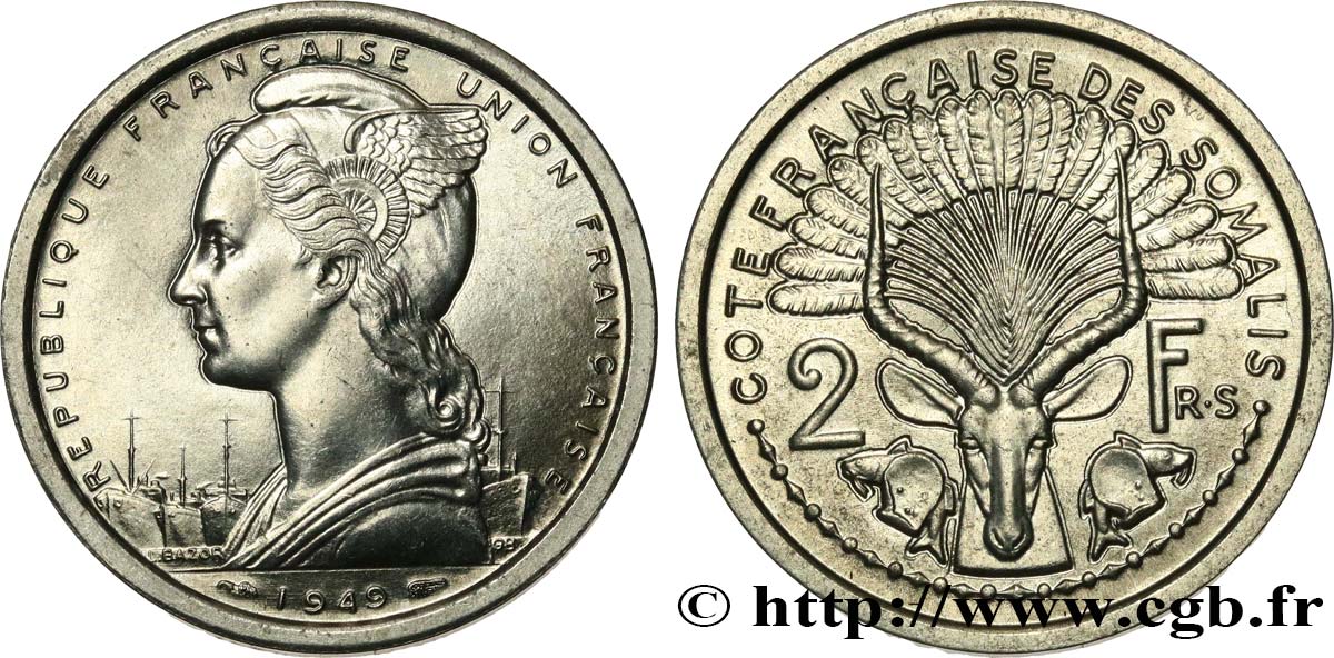 SOMALIA FRANCESE 2 Francs 1949 Paris MS 