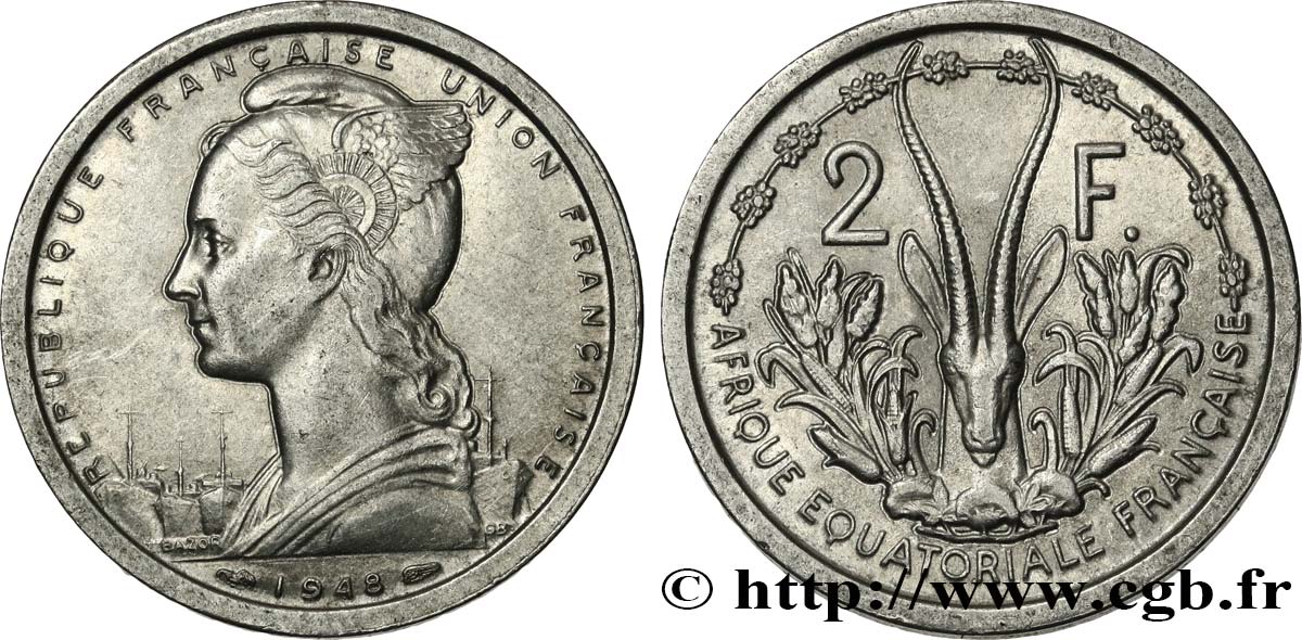 AFRICA FRANCESA DEL OESTE - UNIóN FRANCESA 2 Francs 1948 Paris MBC+ 