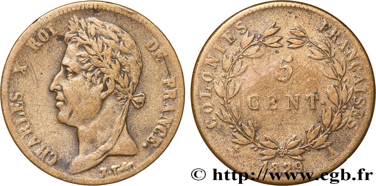 COLONIE FRANCESI - Carlo X, per Guyana 5 Centimes Charles X 1829 Paris - A MB 