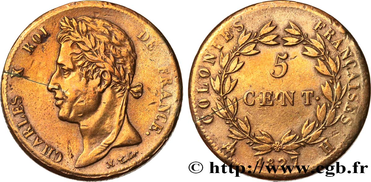 COLONIAS FRANCESAS - Charles X, para Martinica y Guadalupe 5 Centimes Charles X 1827 La Rochelle - A BC 