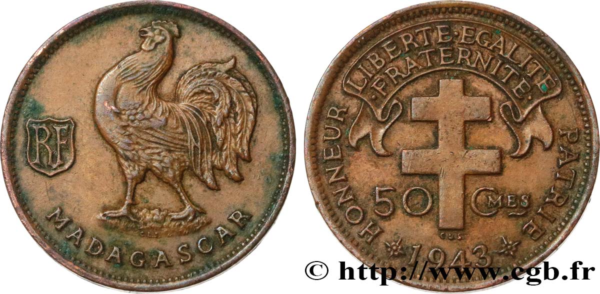 MADAGASKAR - Freie Französische Streitkräfte 50 Centimes 1943 Prétoria SS 