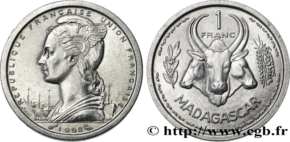 MADAGASCAR - Union française 1 Franc 1958 Paris SUP 