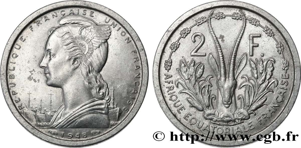 FRANZÖSISCHE EQUATORIAL AFRICA - FRANZÖSISCHE UNION 2 Francs 1948 Paris VZ 