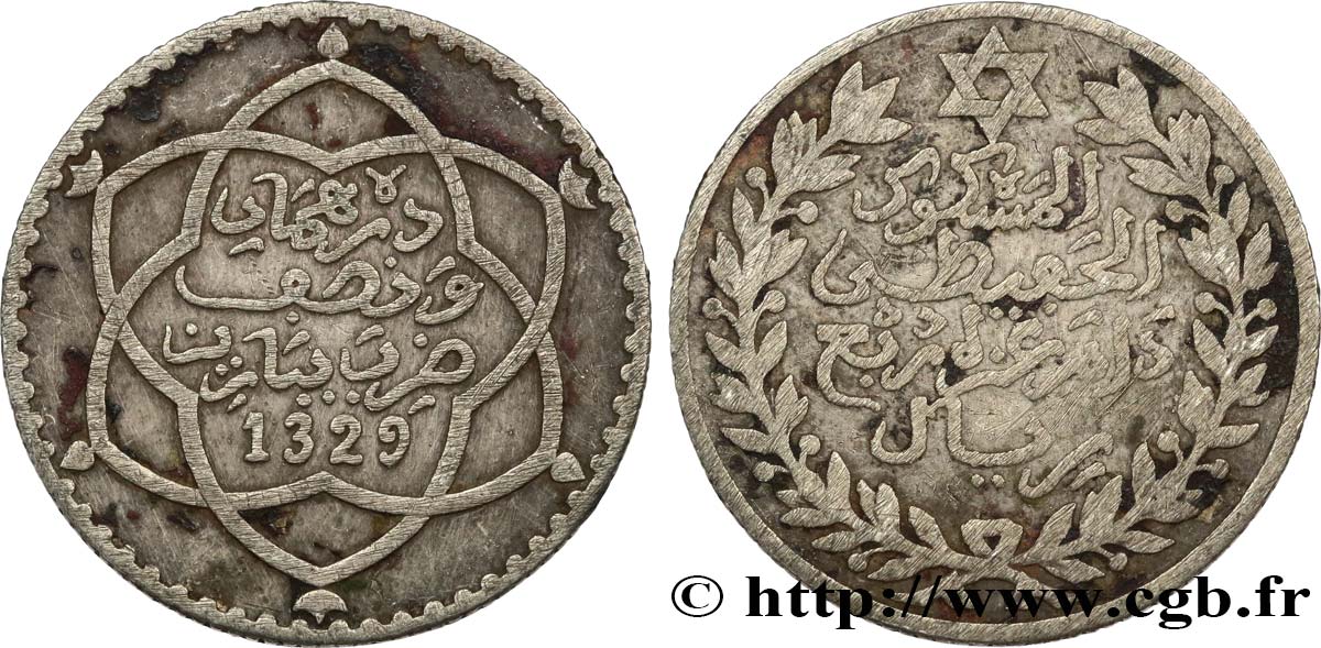 MARUECOS 2 1/2 Dirhams Moulay Hafid I an 1329 1911 Paris BC+ 