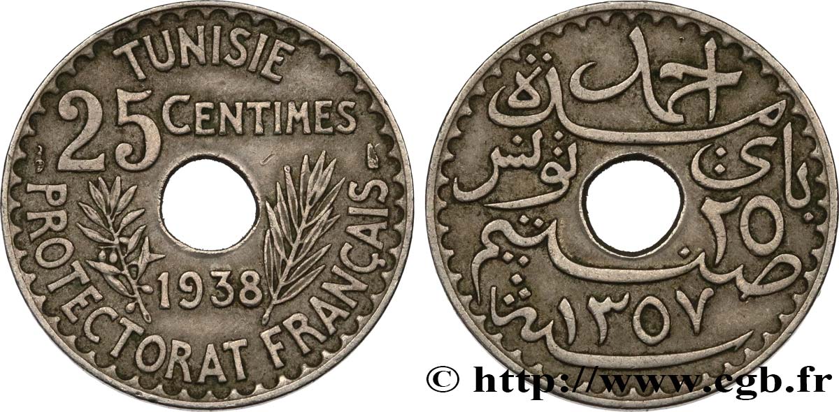TUNISIA - French protectorate 25 Centimes 1938 Paris XF 