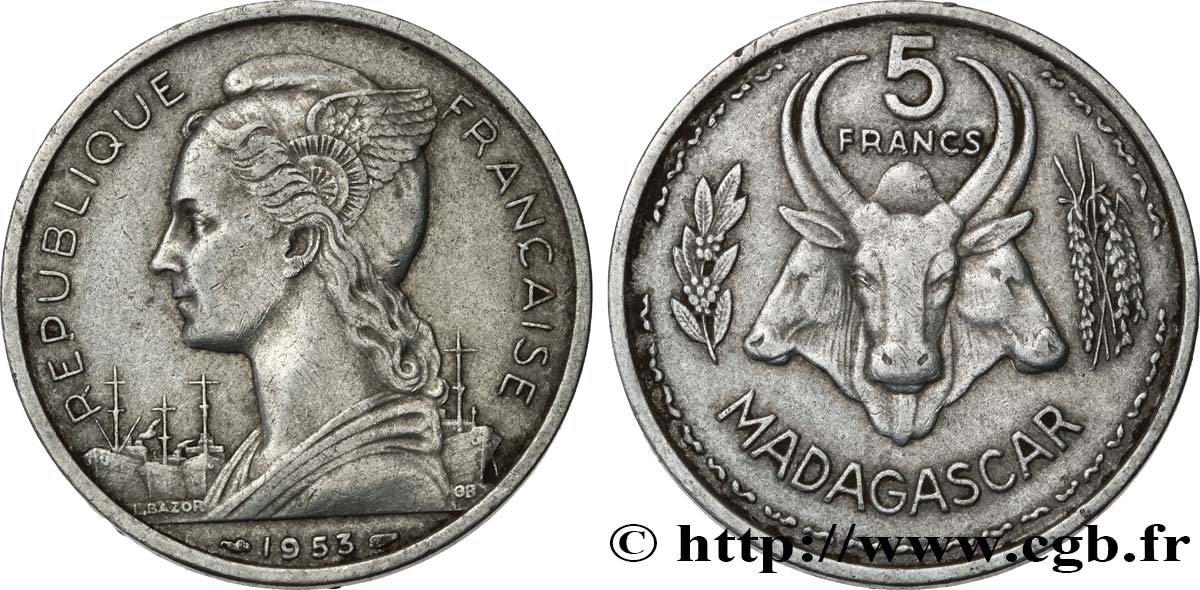 MADAGASCAR - Union française 5 Francs 1953 Paris TTB 