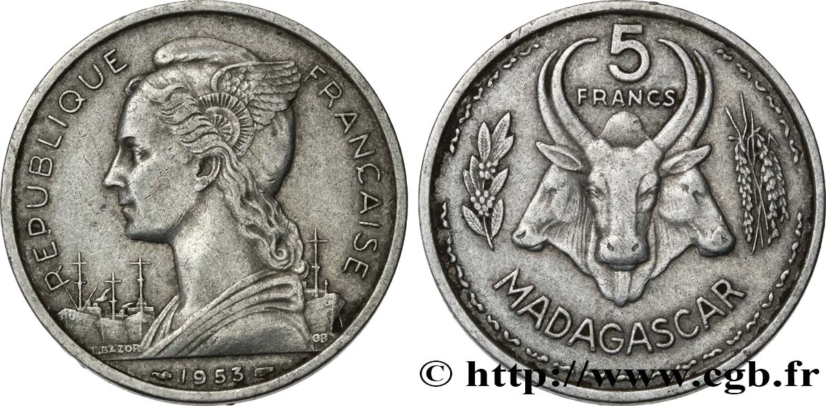 MADAGASCAR - UNIóN FRANCESA 5 Francs 1953 Paris MBC 