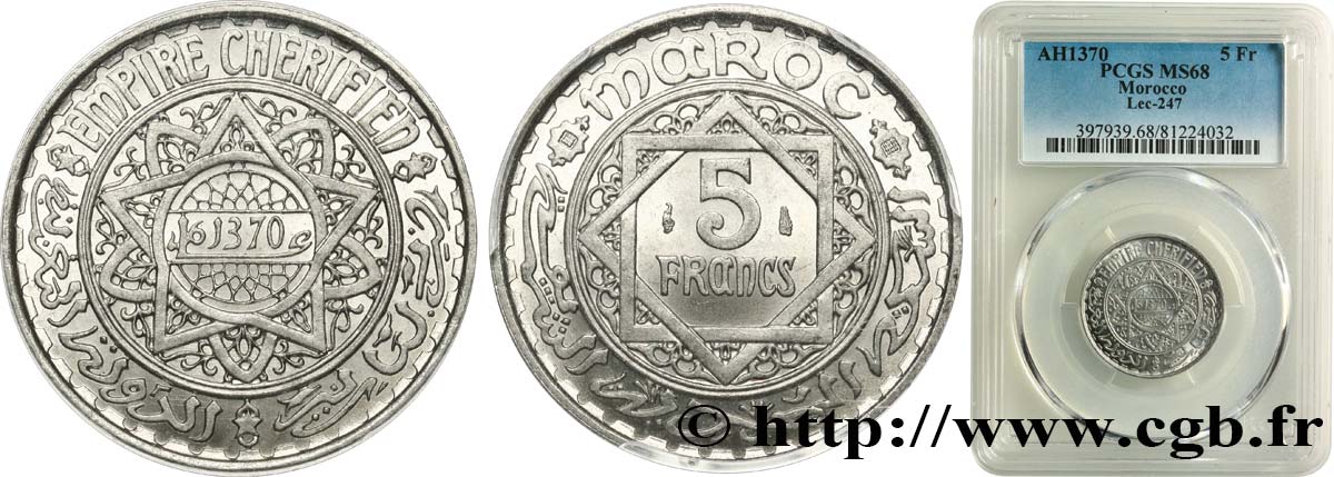 MARUECOS - PROTECTORADO FRANCÉS 5 Francs AH 1370 1951  FDC68 PCGS