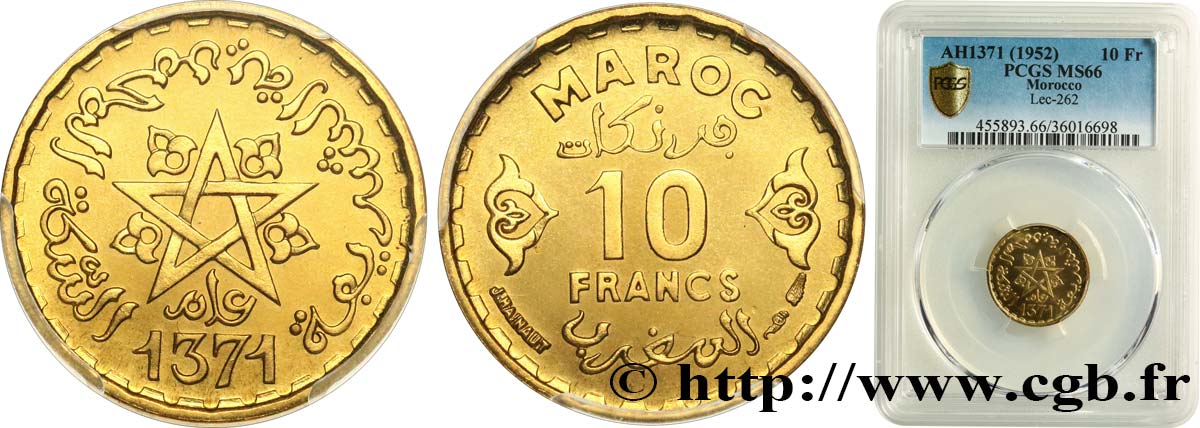 MOROCCO - FRENCH PROTECTORATE 10 Francs AH 1371 1952 Paris MS66 PCGS