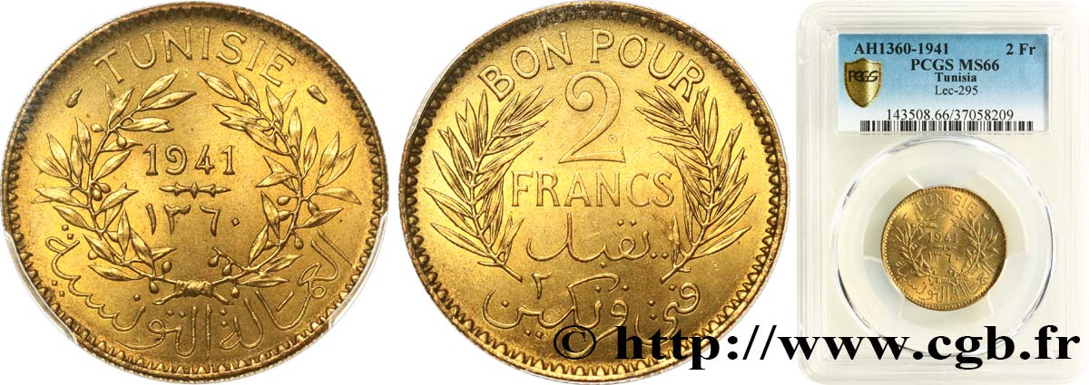 TUNISIE - PROTECTORAT FRANÇAIS Bon pour 2 Francs sans le nom du Bey AH1360 1941 Paris FDC66 PCGS