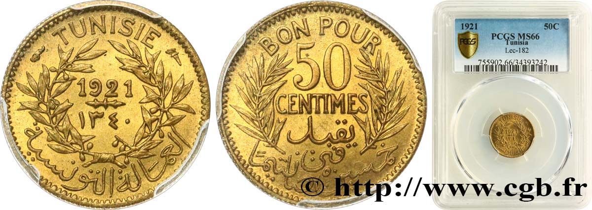 TUNISIE - PROTECTORAT FRANÇAIS Bon pour 50 Centimes 1921 Paris FDC66 PCGS